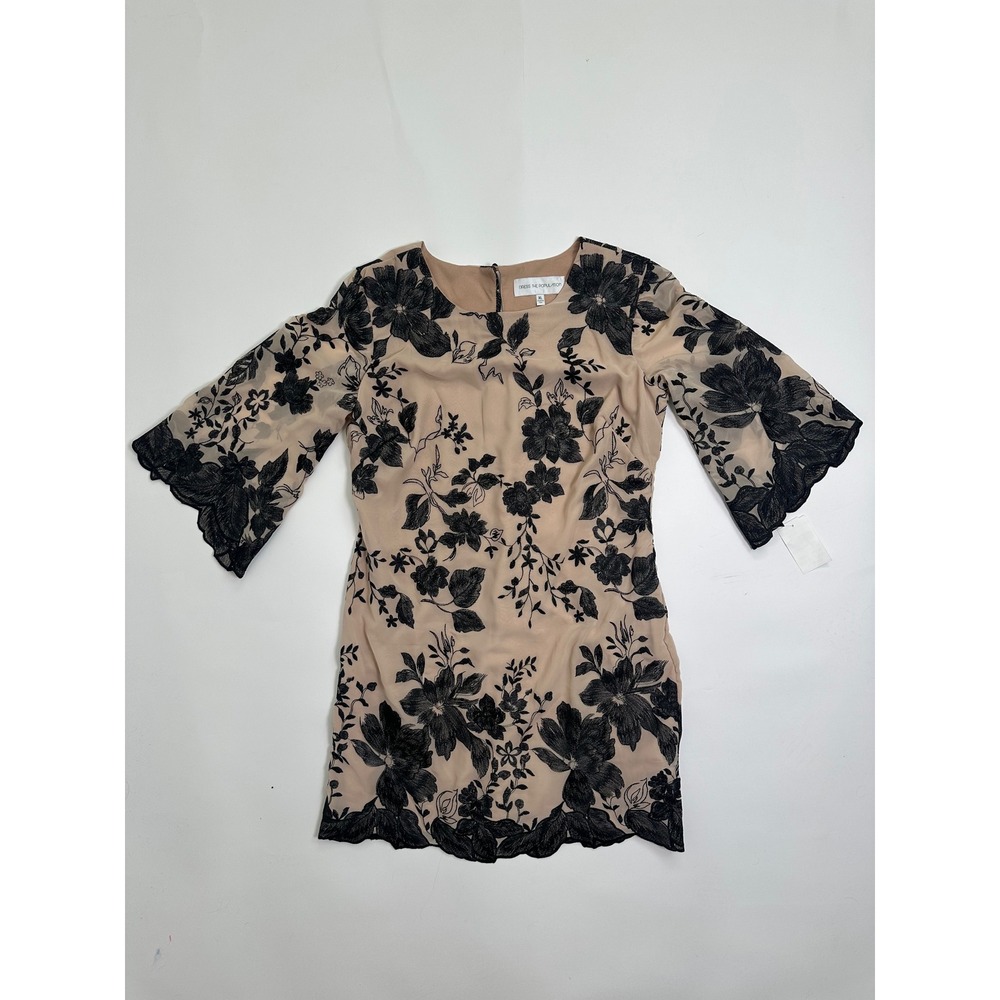 Dress The Population XL Nude Black Floral Embroidered Bell Sleeve Mini Dress NEW